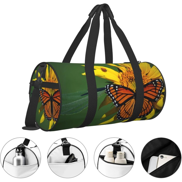 Спортивна сумка для подорожей, з принтом соняшників та метеликів, дорожня сумка на ніч, чорна, універсальний розмір