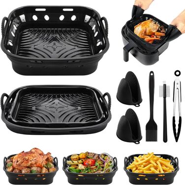 Силіконова форма Foenwoen для фритюрниці, силіконова фритюрниця 22 см силіконова каструля для фритюрниці з рукавицями для духовки, кухонними щипцями, силіконовою щіткою, легке очищення, аксесуари для фритюрниці (чорний)