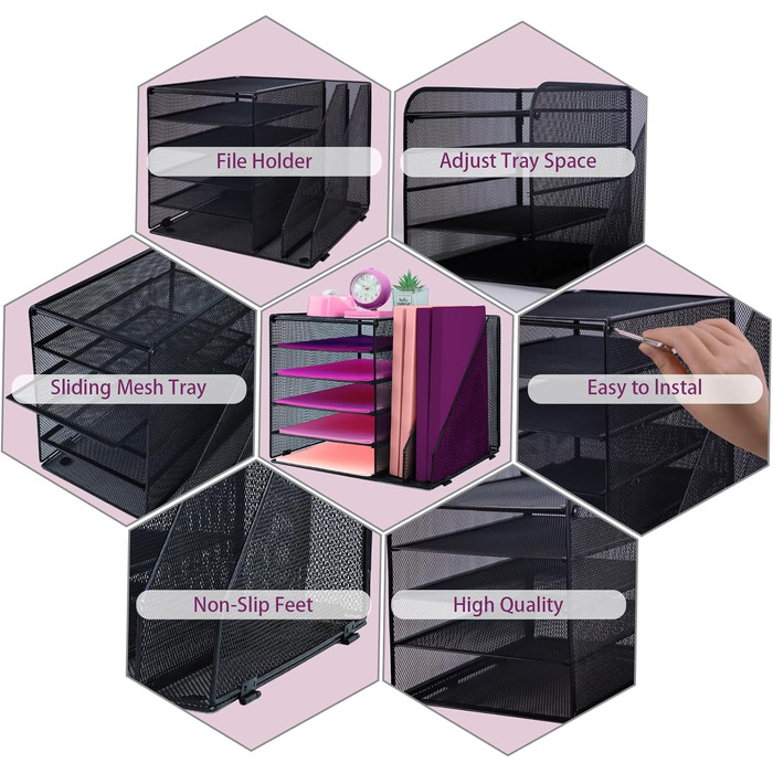 Металевий настільний органайзер, 5-ярусний лоток для паперу та листів з тримачами для файлів, сітчастий настільний органайзер для файлів з тримачем для журналів для зберігання офісних документів, 5 ярусів з 2 тримачами для файлів