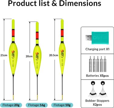 Набір з 3 світлодіодних рибальських поплавців із зарядним пристроєм та акумулятором, поплавці зі зміною кольору, що підсвічуються, для дня та ночі, рибальські аксесуари для поплавців для щуки 20 см, 19,5 см, 21 см, витрата свинцю 20 г