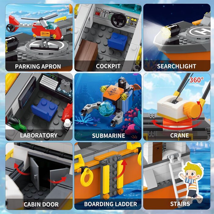 Міська плавуча іграшка для будівництва кораблів, океанський дослідницький корабель, човен, дослідницьке судно, іграшка зі світлодіодним підсвічуванням, гелікоптер, підводний човен, клітка для акул, подарунки на день народження для хлопчиків 6-12 років, ді
