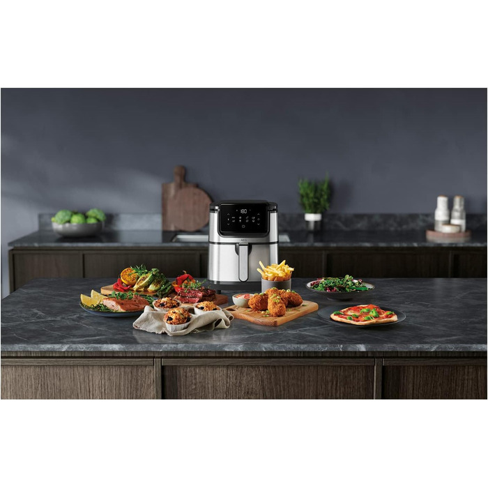 Аерофритюрниця AEG AF6-1-4ST / Смаження у фритюрі / Гриль / Смаження / Випічка без / Низький вміст олії / 8 програм / Ємність 3.5 л / Можна мити в посудомийній машині / Світлодіодний сенсорний дисплей / Програмований / Нержавіюча сталь, сіра нержавіюча ст