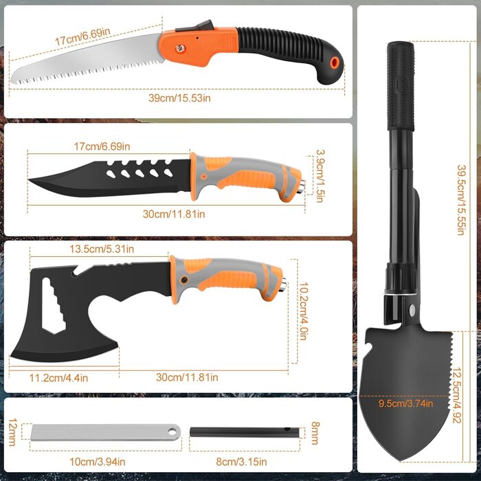 Набір для виживання на відкритому повітрі туристичний ніж, сокира, складна пилка, складаний саперний ніж, кемпінгова сокира та кресало (2 частини), чорний