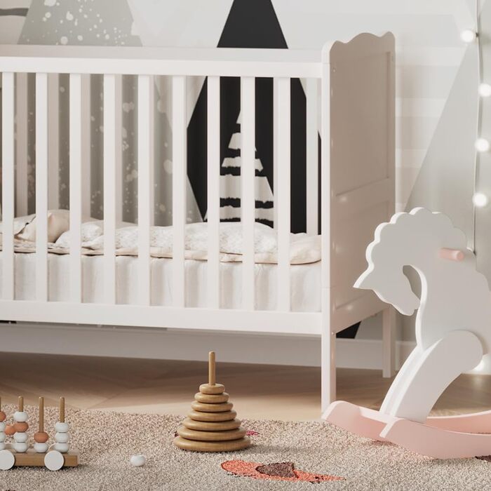 Дитяче ліжечко 60x120 см Tobi - Біле 124x87x65 см з дерева - дитяче ліжко із захистом від падіння, призначене для новонароджених та немовлят, з регульованою по висоті рейковою основою