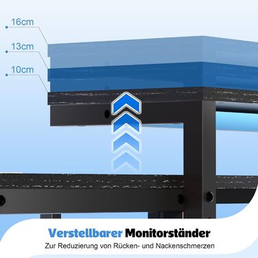 Кутовий ігровий стіл Devoko зі світлодіодним освітленням, місцем для зберігання та 3 шухлядами, 170x95x75 см, стіл з регульованою по висоті полицею, 2 розетками та 2 USB-портами, чорний