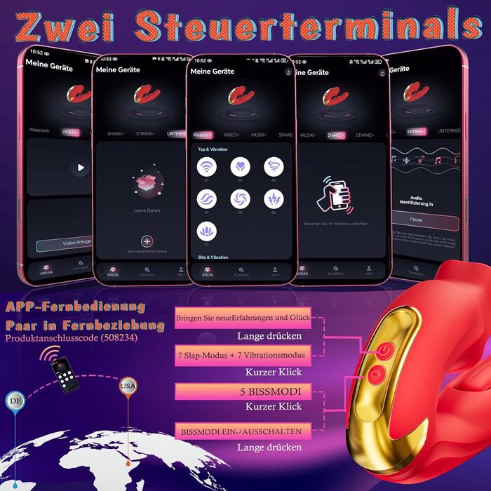 Фалоімітатор-вібратор Naughty Devil для жінок з APP, 5 режимів «язика», 7 режимів вібрації та 7 режимів ударів