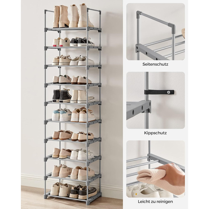 Рівнева взуттєва полиця, висока відкрита шафа для взуття, вузька підставка для взуття, металеве місце для зберігання взуття, компактне, для гардеробної, передпокою, 30 x 45 x 174 см, сірий LSA025G02 10 ярусів (45Ш см) сірий, 10-