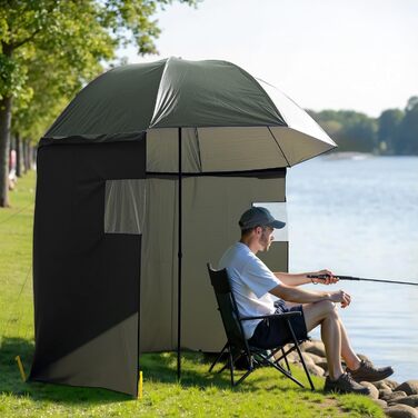 Рибальська парасолька Wiltec 250 см з бічною панеллю та двома оглядовими вікнами, намет-парасолька для захисту від вітру під час риболовлі, рибальська парасолька, рибальський намет-парасолька, сонцезахисний козирок