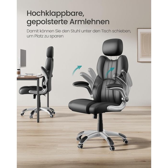 Офісне крісло SONGMICS, ігрове крісло, регульований підголівник, функція гойдання, письмове крісло, регульовані підлокітники, універсальні колеса, регульована висота, чорний колір OBG65BK