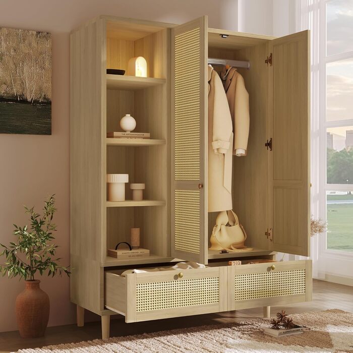 Шафа з 2 дверима та плетінням з ротанга в сільському стилі, під дуб, відкрита полиця, полиці, вішалки для одягу, 2 шухляди, пристрій проти перекидання (180x120x50 см) 180x120x50 см