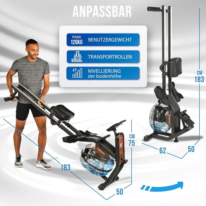 Гребний тренажер Christopeit для домашнього використання водний гребний тренажер WP 2000 або Garda алюмінієва рейка Bluetooth до 120 кг Garda, включаючи захисний килимок для підлоги