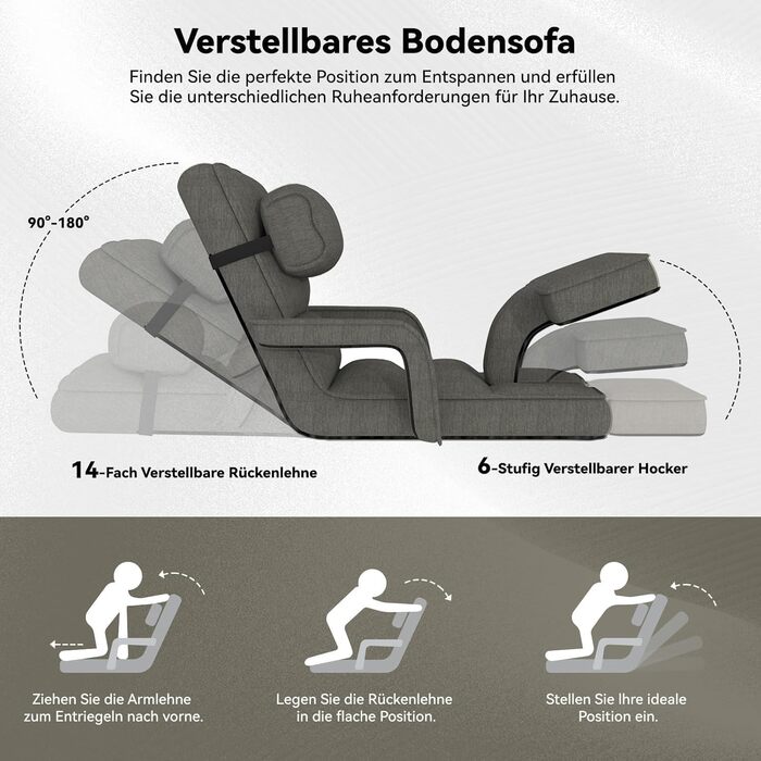 Регульоване підлогове крісло UNIONLINE, складне, з підлокітниками, ігрове крісло з подушкою та підставкою для ніг, одне крісло, ліжко для спальні, дому, офісу, темно-сіре