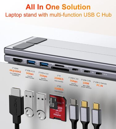 Док-станція USB-C з підставкою для ноутбука/планшета, 8-в-1 HDMI 4K, 2 шт. USB 3.1, PD 100W. Універсальна док-станція для MacBook Pro/Air, Dell, HP, Surface, Lenovo просто підключи та працюй