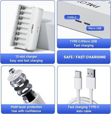 Акумуляторні батарейки типу АА із зарядним пристроєм, 8 слотів, портативна швидка зарядка USB 5V/2A для нікель-металгідридних батарей 1.2V, незалежна зарядка, 12 акумуляторних батарейок типу АА із зарядним пристроєм