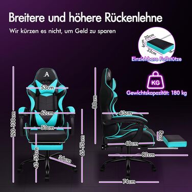 Офісне крісло ALFORDSON з масажем, ігрове крісло, ергономічне ігрове крісло з підставкою для ніг, масажна подушка для попереку з підставкою для ніг, обертове крісло, вантажопідйомність 180 кг, блакитний колір