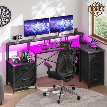 Ігровий Г-подібний стіл IRONCK з LED-підсвіткою та розетками (2AC1USB1C), 189x100 см, кутовий комп'ютерний стіл з 6 шухлядами та підставкою для монітора, реверсивний стіл для дому та офісу, чорний
