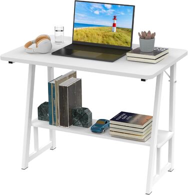 Білий стіл з книжковою полицею, комп&39ютерний стіл з полицею, комп&39ютерний стіл з полицею, ергономічний стіл для ноутбука, офісний стіл 80x50x73см, робочий стіл для домашнього офісу, вітальня білий 80x50x73см