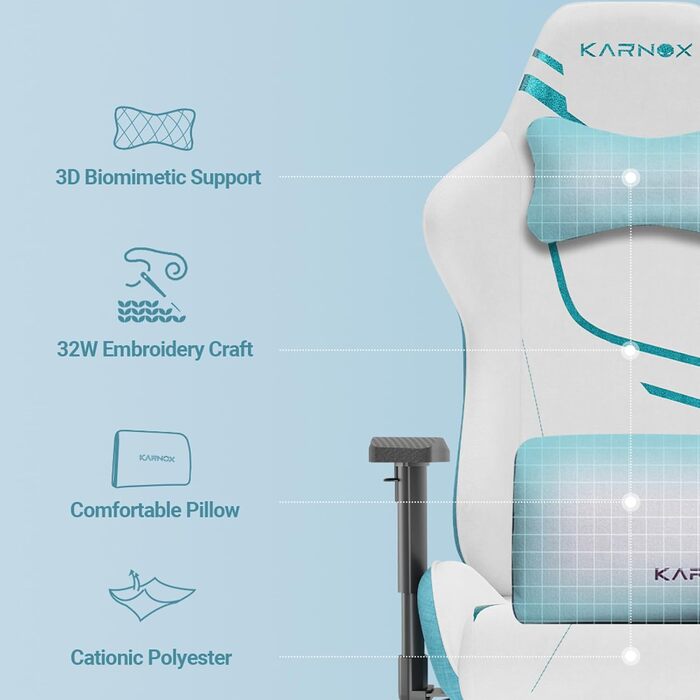 Ергономічне ігрове крісло з тканинним чохлом та 4D підлокітниками регулювання висоти, підтримка голови та попереку, функція нахилу 90-155, біло-синій колір. Розміри 132 см x 54,5 см x 50 см