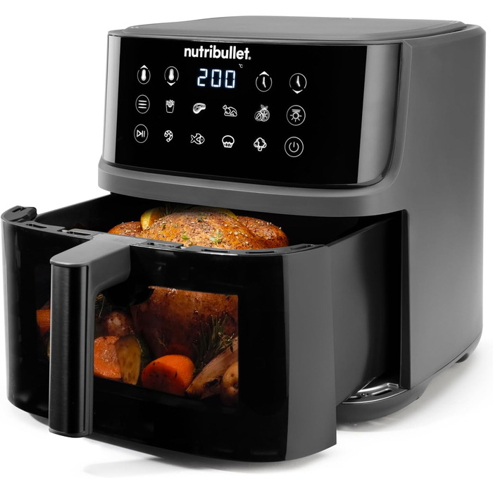 Аерофритюрниця nutribullet Crisplite Vision, 8 л, цифрове керування 80-200, без PFAS, 8 авторежимів, сенсорна панель, кошик придатний для ПММ, 2000 Вт, матовий чорний (NBA0811DG)