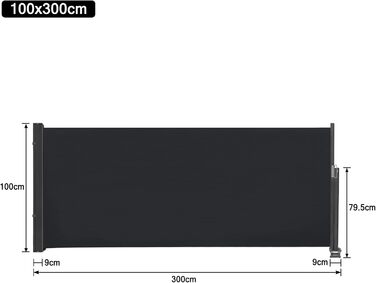 Розсувна бічна маркіза, екран для забезпечення конфіденційності, сонцезахисний козирок, вітрозахисна, водостійка поліестерова бічна рулонна штора з алюмінієвого настінного кронштейна для патіо, балкона, забезпечення конфіденційності (100x300 см, антрацит)