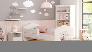 Дитяче ліжко KOBI Fala з захисними поручнями 160 x 80 см Повний комплект дитячого ліжка з матрацом Односпальне дитяче ліжко Ліжка для дівчаток та хлопчиків Сучасне біле дитяче ліжко Дитяча кімната/Спальня