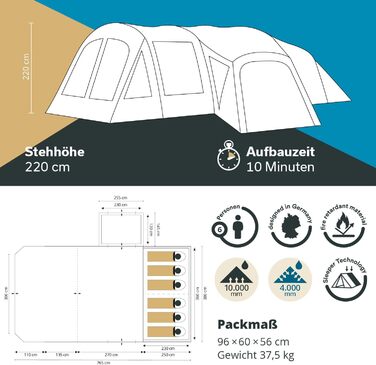 Надувний намет Skandika Timola 6 Air Надувний намет на 6 осіб, з/без технології Sleeper Technology, водяний стовп 4000 мм, висота стояння 220 см, тент, надувний намет Сімейний намет, для активного відпочинку на природі, кемпінгу на 6 осіб - Sleeper XL Plu