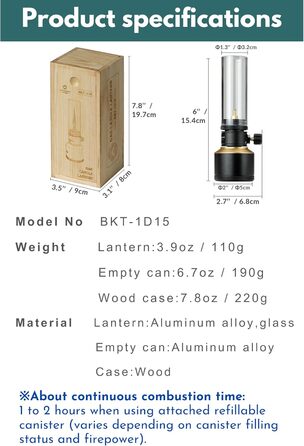 Газовий ліхтар для кемпінгу CAMPINGMOON з газовою свічкою та порожнім баком чорного кольору BKT-1D15