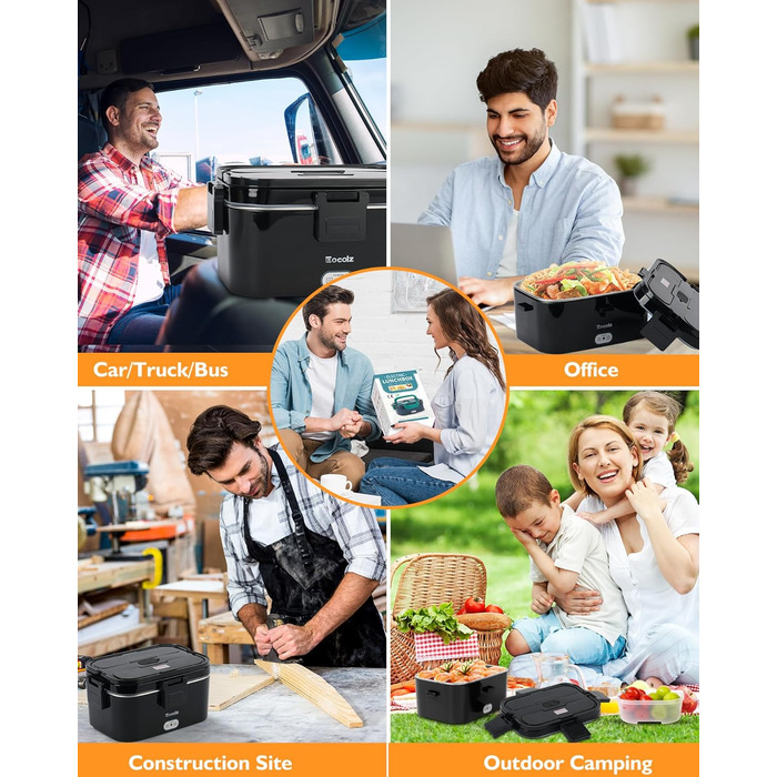 Електричний підігрівач їжі для ланчбоксу Eocolz 100 Вт, підігрівач їжі з подвійним контейнером 1,8 л, портативний підігрітий ланчбокс для автомобіля, вантажівки, роботи, виделка та ложка з нержавіючої сталі 12/24/110 В для дорослих, чорний - 1,8 л