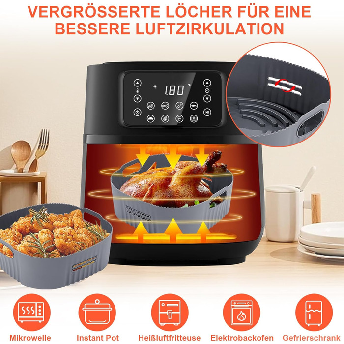 Силіконова форма для фритюрниці YINGRACE 22 см, аксесуари для фритюрниці 2 шт. Силіконова форма для випічки XXL 7.2 л, 8.3 л, COSORI 5.5 л, багаторазова замість паперу для випічки аксесуари для фритюрниці сірий