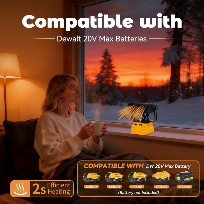 Портативний бездротовий вентилятор-обігрівач потужністю 200 Вт з 2 режимами температури та USB-портами для заряджання, сумісний з літій-іонними акумуляторами 20 В/60 В (акумулятор не входить до комплекту)