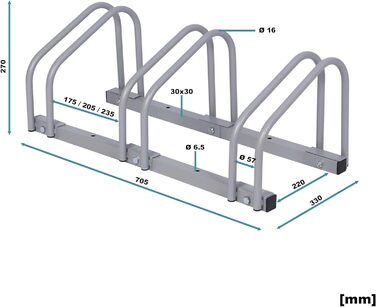 Велосипедна стійка Wiltec для 3 велосипедів 70,5x33x27см сіра сталь з порошковим покриттям і підходить для підлогового монтажу Row Parker Bike Rack