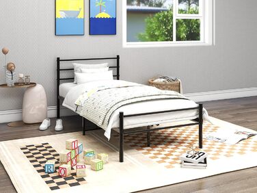 Металеве ліжко з рейковою основою, каркас ліжка, односпальне ліжко, чорний, 90x200 см, металеве ліжко 90 x 200 см, мінімалістичний каркас ліжка з узголів&39ям, гостьове ліжко з рейковою основою для спальні, гостьова кімната, чорний, 90 x 200 см