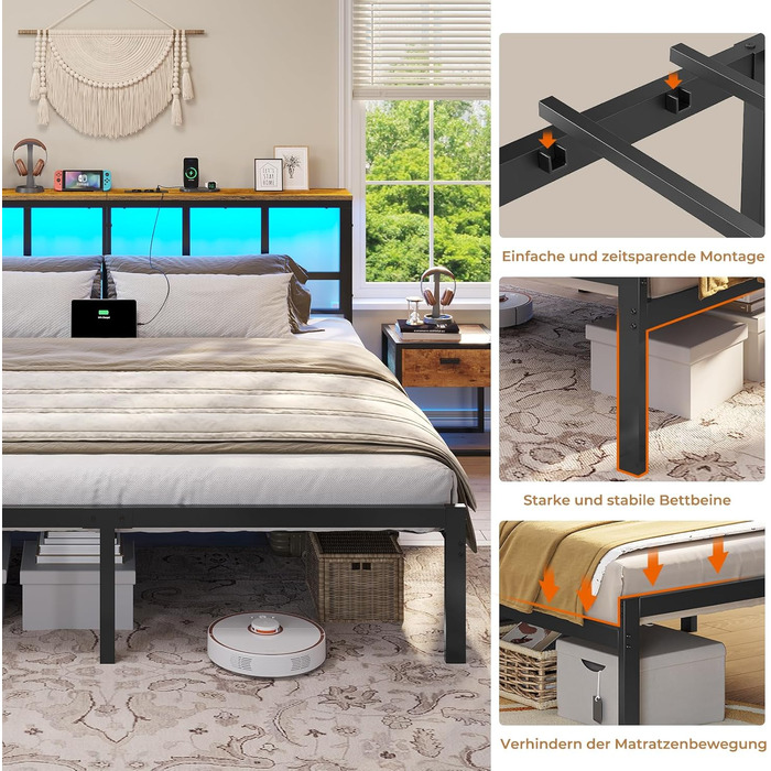 Ліжко 180x200 з металевою рейковою основою, каркас ліжка 180x200 см зі світлодіодним освітленням, зарядна станція (2 розетки змінного струму, 2 USB-порти), металеве ліжко 180x200 см з узголів&39ям та місцем для зберігання речей, двоспальне ліжко