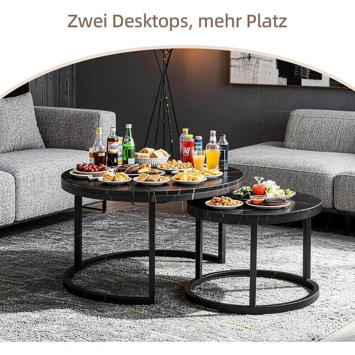 Набір журнальних столиків з 2 шт. , бічний столик, стіл для вітальні, журнальний столик з регульованою висотою, для вітальні, круглий дерев&39яний журнальний столик з чорним металевим каркасом, діаметр 70/50 см, чорний