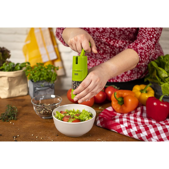 Подрібнювач з тріскачкою KUHN RIKON Salt Mill & Pepper Mill, ручний млин для спецій, зелений, регульований керамічний подрібнювач, пластик, 5,8 x 5,8 x 21,5 см