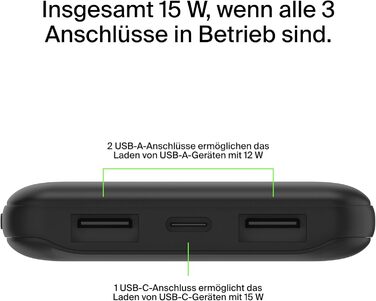 МАг, портативний зарядний пристрій USB-C з 1 портами USB-C і 2 USB-A, акумуляторна батарея для заряджання потужністю до 15 Вт, зовнішні акумулятори мобільних телефонів для iPhone, Galaxy, Pixel, AirPods, iPad тощо - чорний, 10000