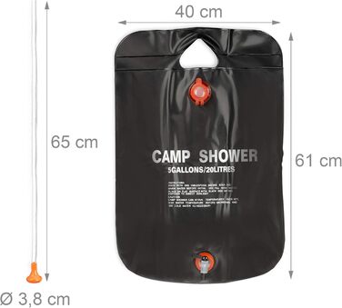 Сонячна душова кабіна Relaxdays 20 л, портативний душ для кемпінгу, підвісний, складаний, з ручним душем, чорний