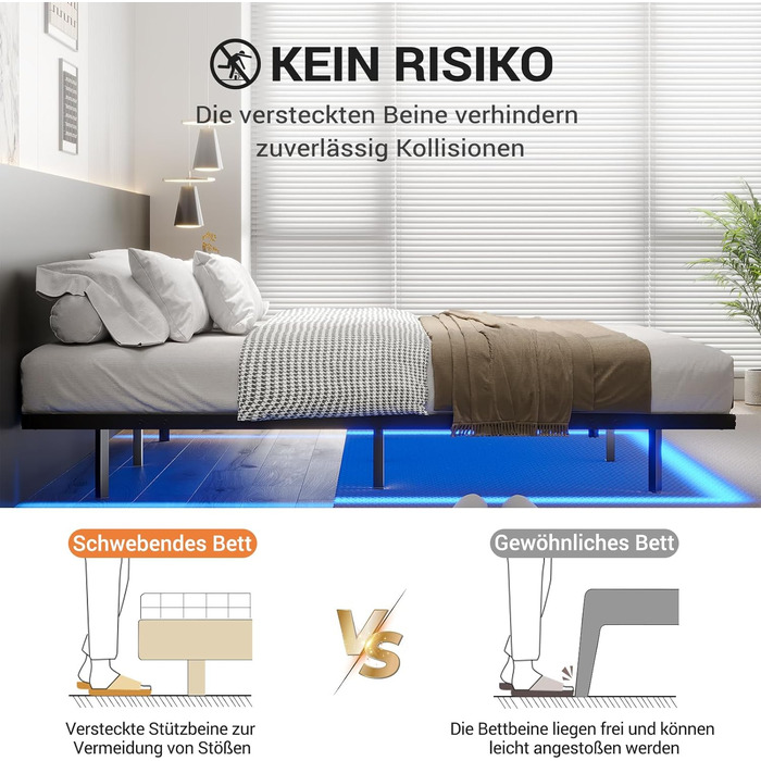 Каркас ліжка DICTAC 140x200 зі світлодіодним освітленням, Ліжко 140x200 з металевою рейковою основою, Плаваючий каркас ліжка 140 x 200 для дорослих з освітленням - Міцний та стійкий, Легке складання, Чорний (без матраца) 140x200 см
