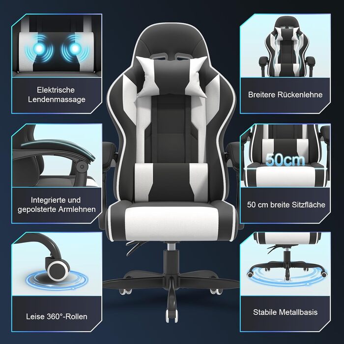 Ігрове крісло JUMMICO з функцією масажу, ергономічне офісне крісло 150 кг, ігрове крісло з надширокою подушкою сидіння 50 см, біле