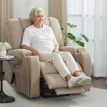 Електричне крісло-реклайнер для телевізора з підйомником, масажем та підігрівом, крісло-реклайнер з функцією нахилу на 145, подушка сидіння з піни 35D, приховані підставки для чашок 7252 (мікрофібра, бежево-коричневий) Бежево-коричнева мікрофібра