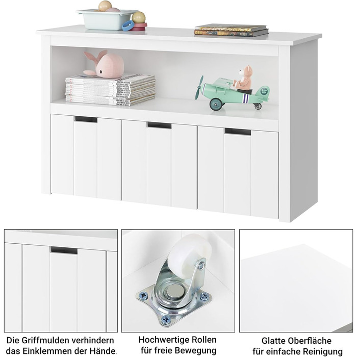 Дитяча полиця з ящиками на коліщатках, меблі для дитячої кімнати, полиця для іграшок, дитяча шафа, полиця біла з 3 ящиками, скрині