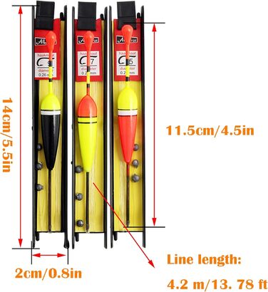 Набір рибальських поплавців Hezhou із 6 предметів Рибальські поплавці Набір рибальських поплавців із грузилом, волосінню та гачками (5, 7, 9) для грубої риби, форелі, вугра, судака Ідеально підходить для озер, річок, струмків і ставків