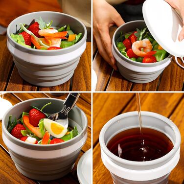 Набір посуду для кемпінгу Odoland, що включає складну силіконову миску та дорожню кружку з кришкою, ложку для салату з нержавіючої сталі для походів, активного відпочинку, кемпінгу, піших прогулянок та пікніків