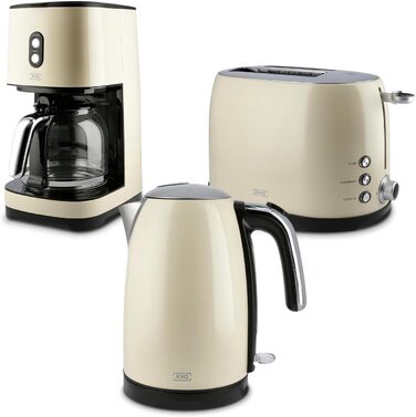 Набір для сніданку KHG Чайник, тостер і кавоварка кремовий бежевий ретро Vintage, місткість 1,7 літра, 2 скибочки тостів і 12 чашок кави, основа 360, регулювання рівня обсмажування, набір функцій Keep Warm з тостером і кавоваркою