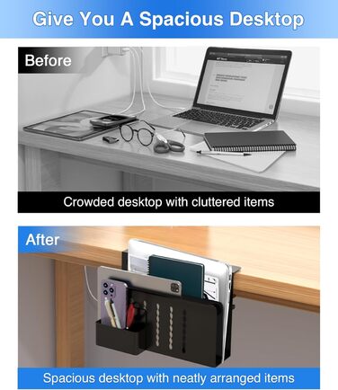 Підставка для ноутбука та планшета на стіл, бічна полиця для зберігання, двоярусна з тримачем для ручок (чорна)