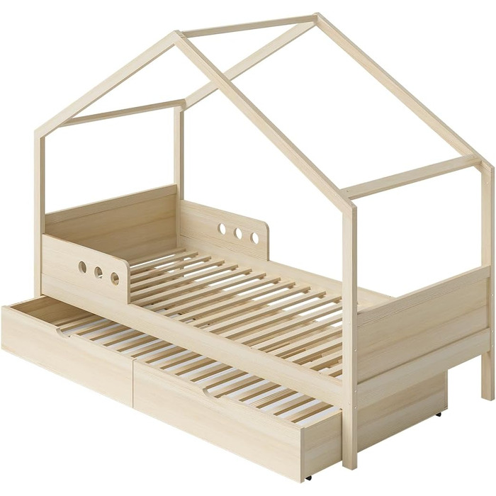 Дитяче ліжко Bellabino Bela 90x200 см Розсувне ліжко-будиночок з поручнями та рейковою основою Дитяче ліжко з гостьовим ліжком для хлопчиків та дівчаток Дерев&39яне ліжко-будиночок Монтессорі з натуральним покриттям та гостьовим ліжком Матрац не входить д