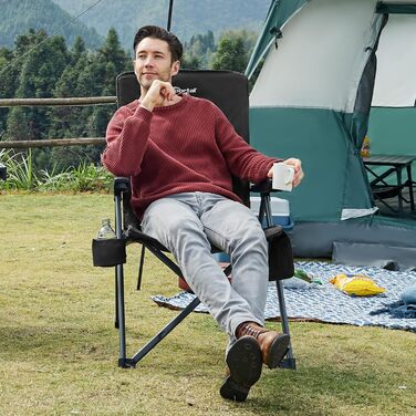 Крісло для кемпінгу Portal, складне, спинка регулюється в 3 положеннях, розкладне крісло, вантажопідйомність 160 кг, висока спинка, крісло для кемпінгу/рибальства, садове крісло, крісло для відпочинку, алюмінієве, для саду, балкону, пікніка, чорне