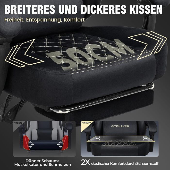 Ігрове крісло GTPLAYER, тканина, ергономічне офісне крісло, крісло для ПК, вантажопідйомність 150 кг, регульоване та поворотне робоче крісло з пружинною подушкою сидіння та підставкою для ніг, чорне