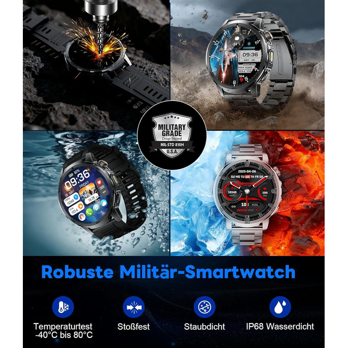 Розумний годинник FEELNEVER Military для чоловіків з акумулятором 1000 мАг/великим сенсорним екраном HD 1,85 дюйма/світлодіодним підсвічуванням, фітнес-годинник з 2 ремінцями/110 спортивних режимів, відстеження серцевого ритму/сну, водонепроникний IP68, г