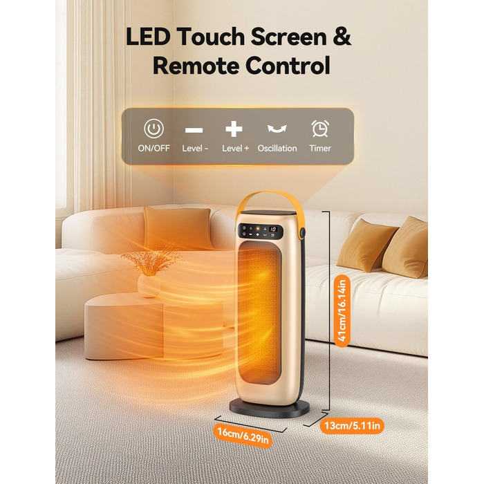 Енергозберігаючий електричний вентилятор-обігрівач, тихий та потужний 35 дБ, керамічний вентилятор-обігрівач PTC потужністю 1500 Вт з пультом дистанційного керування, 4 режими, коливання 110, таймер 1-10 годин, захист від перегріву та перекидання, невелик